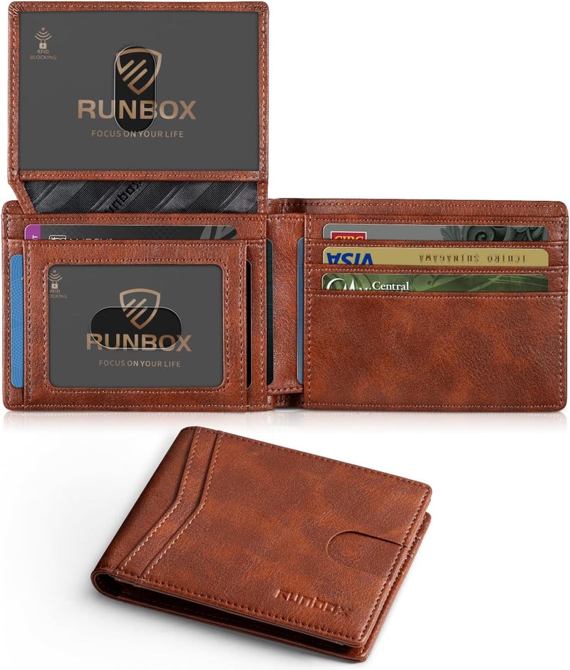 RUNBOX Wallet for Men Slim Rfid Leather 2 ID Window With Gift Box | Slim, Rfid, 2 ID Window, With Gift Box, Slim, Rfid - Image 1